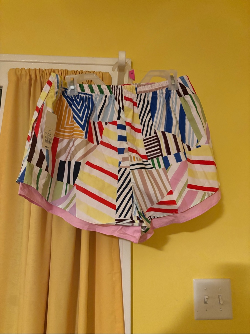 Rosie Assoulin Multicolor Striped Patchwork Shorts with Pink Trim